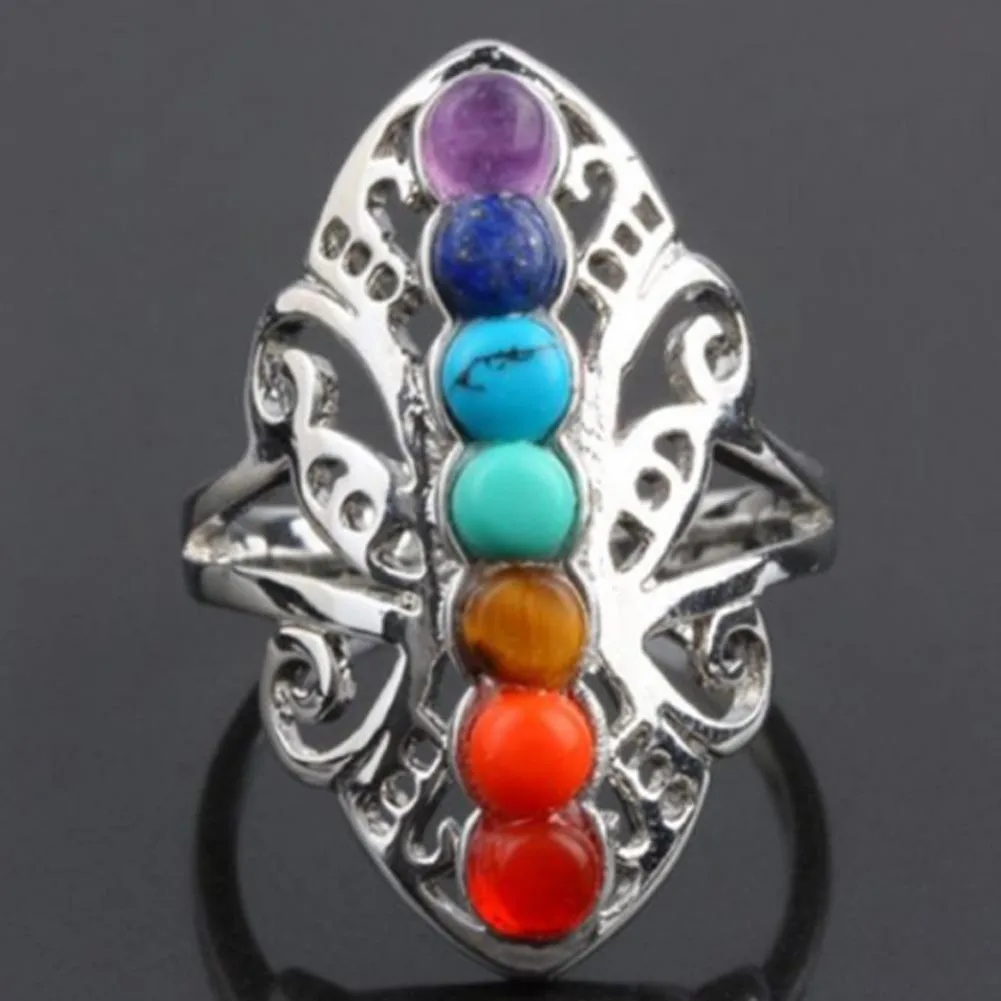

7 Chakra Stone Bead Finger Rings Reiki Balance Meditation Healing Point Charm Adjustable Yoga Hollow Flower Women Ring