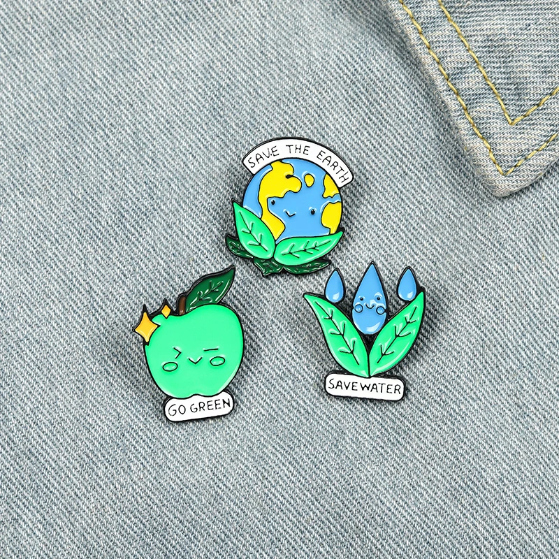 

Save Earth & Water Enamel Lapel Pins Green Environment Cute Brooches Badges Fashion Pin Gifts for Friends Wholesale