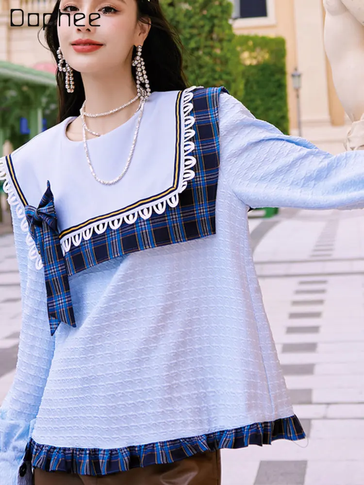 

Sweet Navy Style Student Female Shirt Sweatshirt 2022 Autumn New Streetwear Loose Woman Double-layer collar Pullover Plaid Top