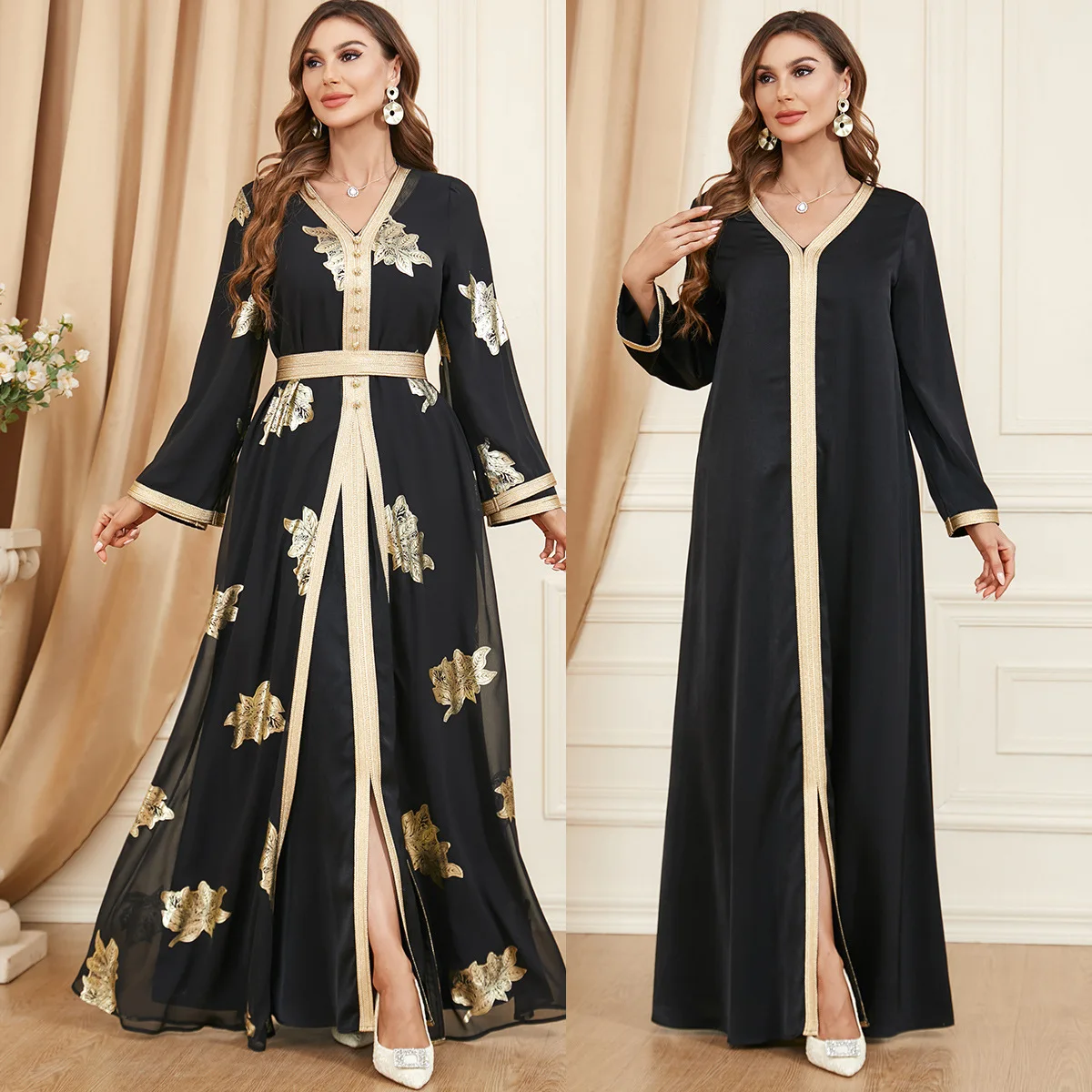 Women Abaya Femme Musulman Beadings Long Sleeve Moroccan Kaftan 2 Piece Dubai Gulf Jalabiya Sets Arabic Evening Dresses Outfits
