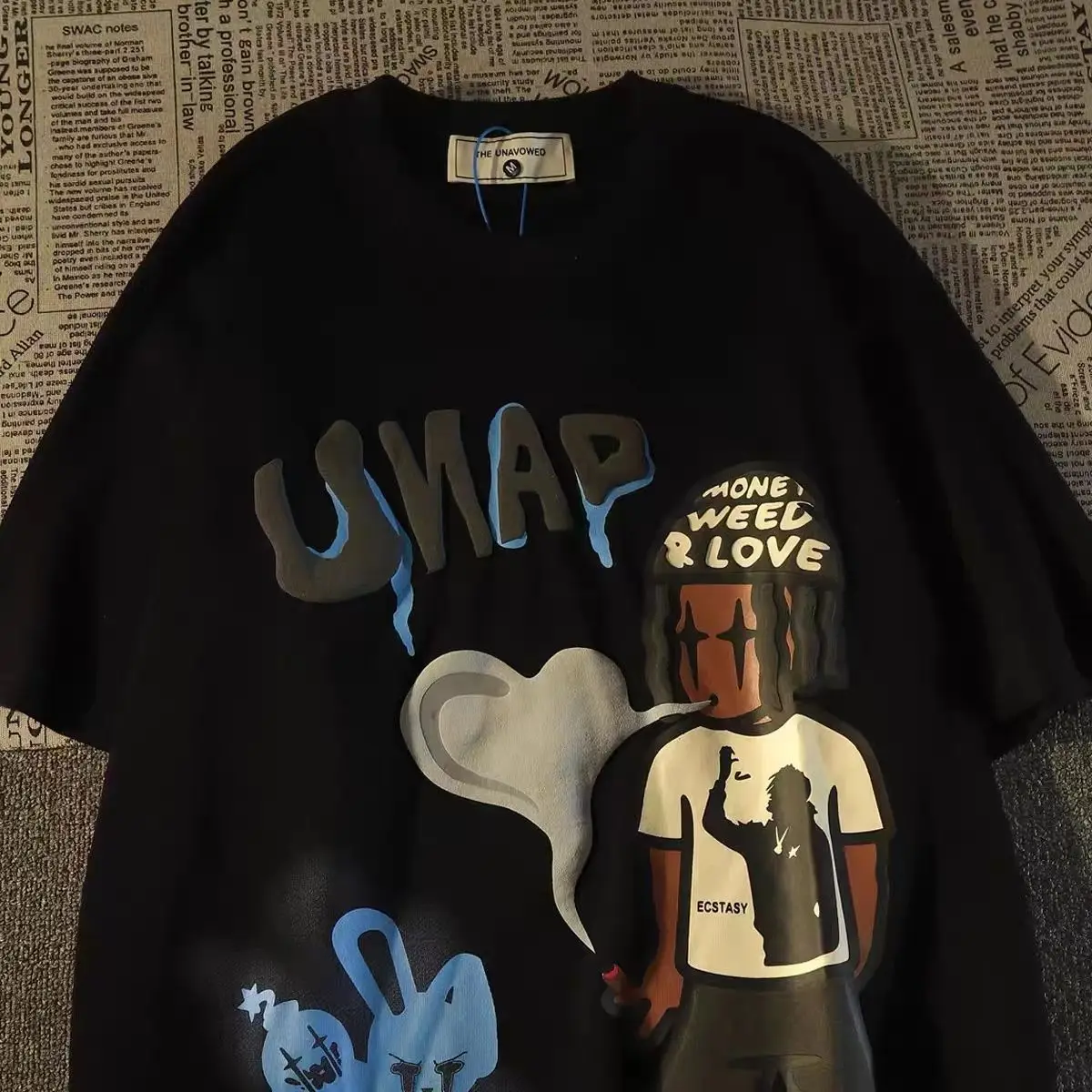 

American Street Hip Hop Cartoon Cotton Short Sleeve T-shirt Men's Summer Loose European Hiphop Brand Half Sleeve Top