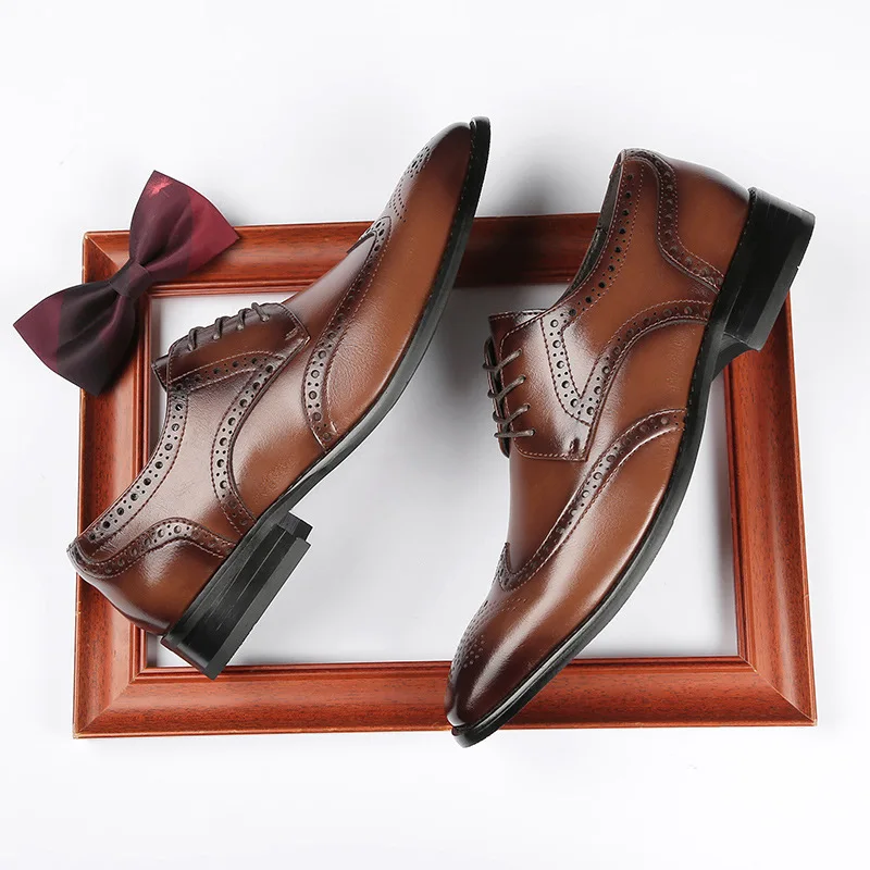 

Мужские деловые кожаные туфли, Броги из натуральной кожи с острым носком, Нескользящие дышащие туфли дерби