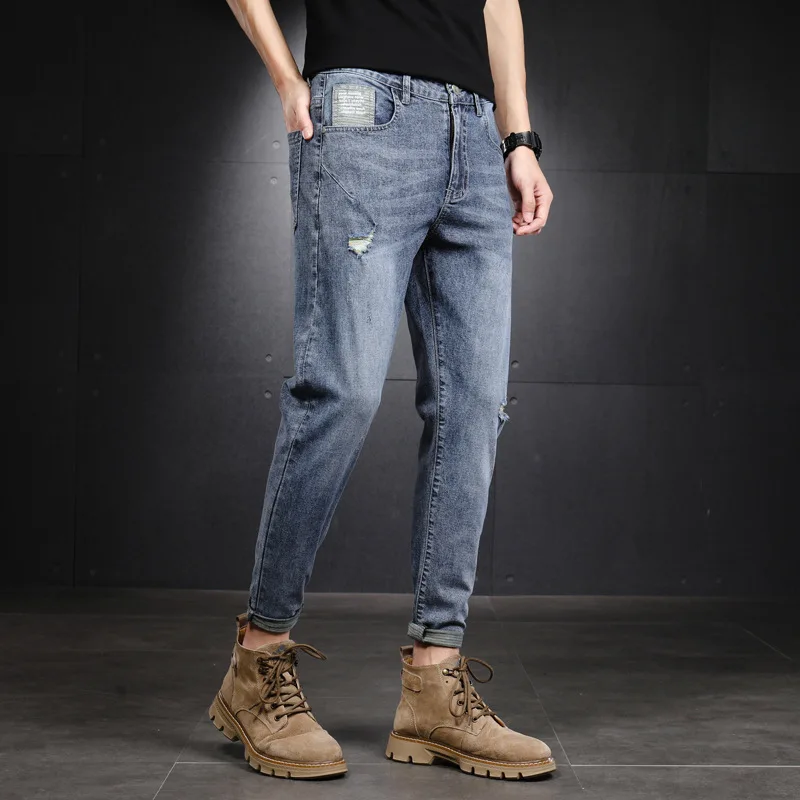 

2022 Модные мужские джинсовые брюки, хлопковые прямые эластичные деловые брюки, Классические Стильные джинсы, джинсовые мужские брюки