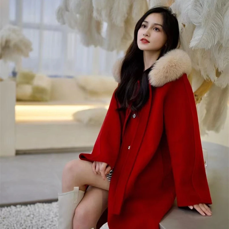 

New 2023 high fashion Natural fox fur Long Coat With Fox Fur Collar high Fashion genuine fox fur coats outerwear