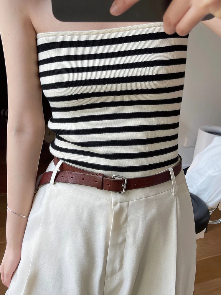 

Summer New Korean Style Striped Knit Tube Top Outer Wear Strapless Vest Slim Bottoming Short Wrap Chest Top Women