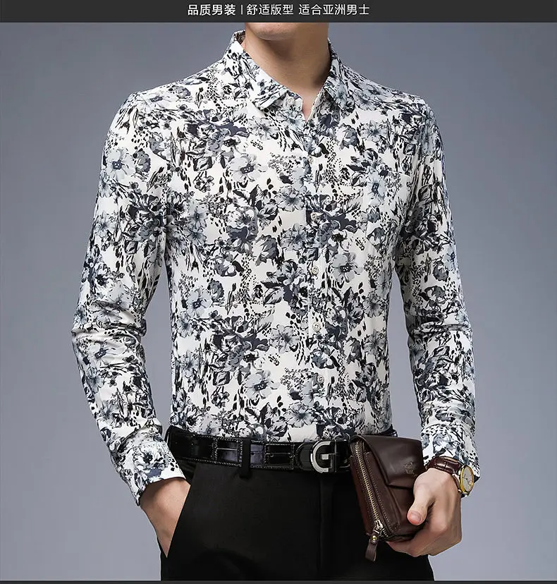 Spring and Autumn New Ice Silk Men's Long-Sleeved Silky Shirt Printed Long-Sleeved Printed Shirt Men's Shirt Button up Shirt