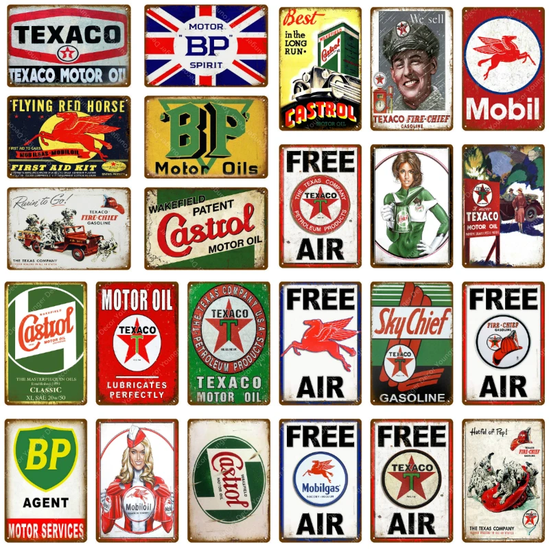 

Vintage Texaco Motor Oil Signs Sky Chief Castrol BP Metal Poster Wall Art Painting Plate Garage Gas Gasoline Station Decor