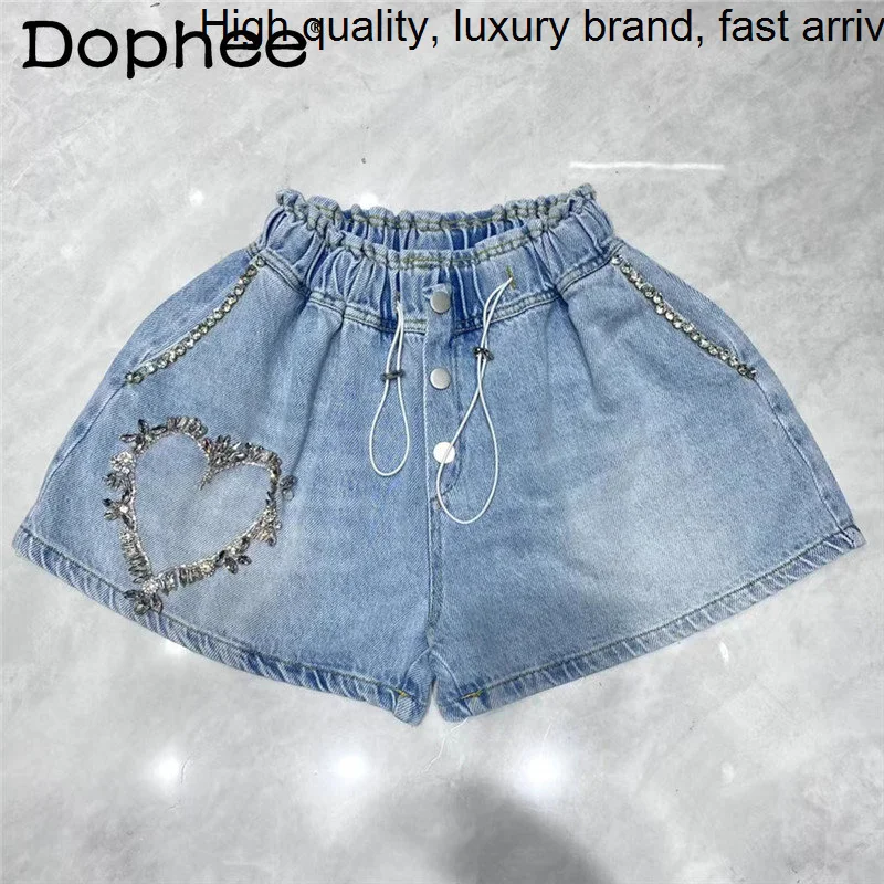 

Beaded Exquisite Rhinestone High Waist Short Jeans Women Loose Slimming Casual Denim 2023 Summer New Bike Shorts Female