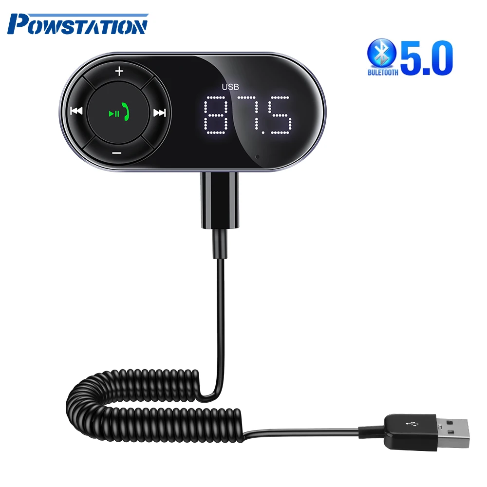 

Powstation Wireless Handsfree Audio Receiver Car Bluetooth 5.0 FM Transmitter AUX Audio MP3 Player Adapter Handsfree Car Kit