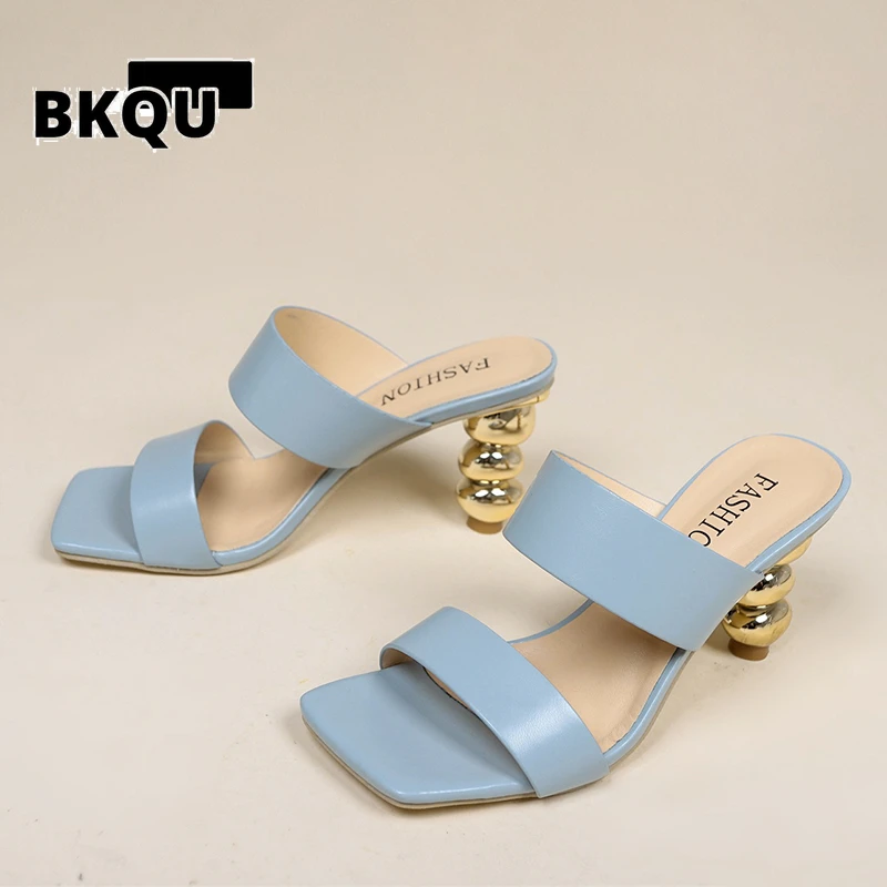 

BKQU New Design Metal Strange High Heels Summer Women Slipper Elegant Square Toe Slip-On Sliders Shoes Ladies Sandals Size 42