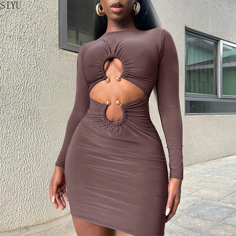 

Women's 2022 Summer New Fashion Sexy Hollow Out Round Neck Long Sleeve Hip Wrap Dress Party Club Bodycon Mini Dress