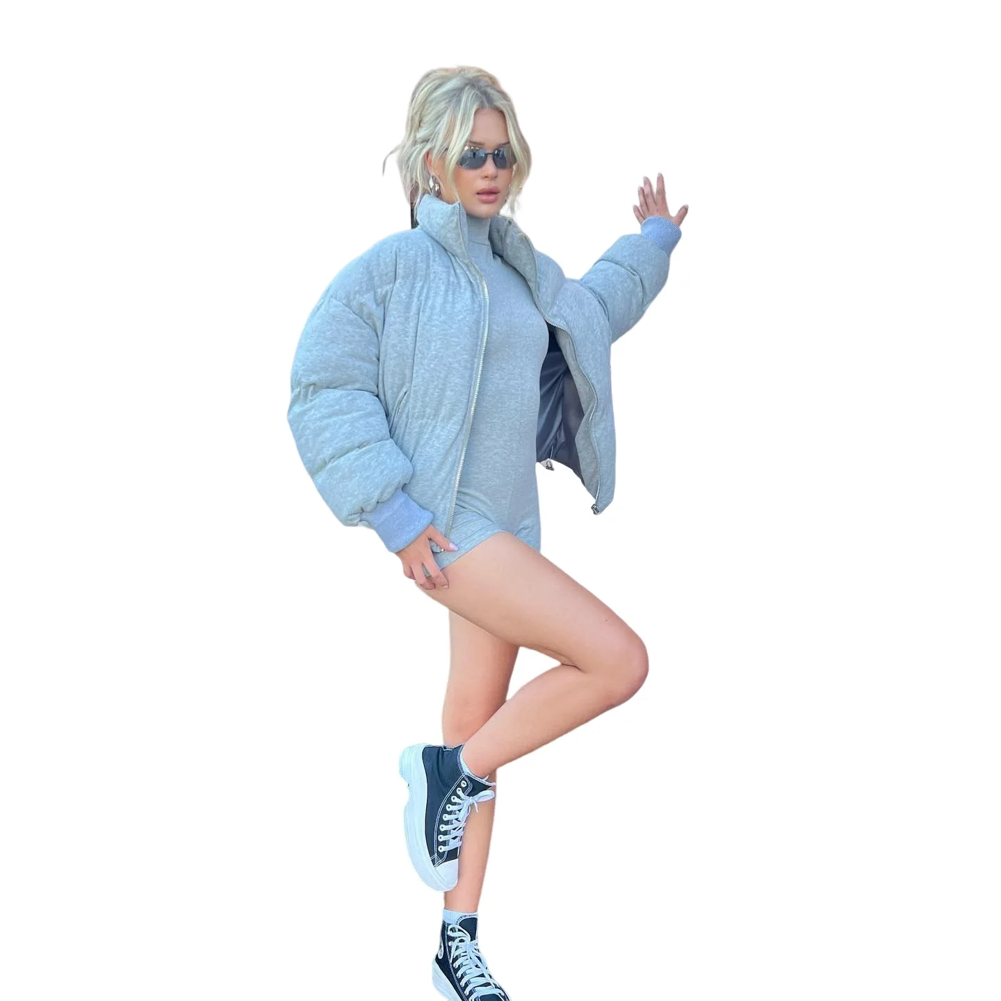 Wind Long-Sleeved Fashion Jacket Female Autumn and Winter New Warm Zipper Bundle Mouth Casual Standing Collar Cotton Clothing