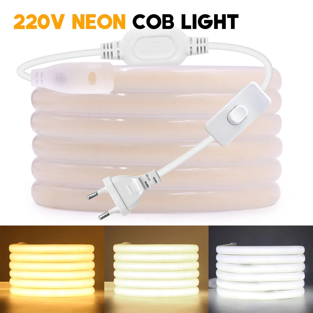 Фото 220 В Переключатель COB Светодиодная неоновая лента Гибкая 288LED/M Водонепроницаемая лампа Теплый белый Комната Садовое освещение 0,5 м 1 м 2 м 5 м 10 м 20 м 30 м 40 м №1