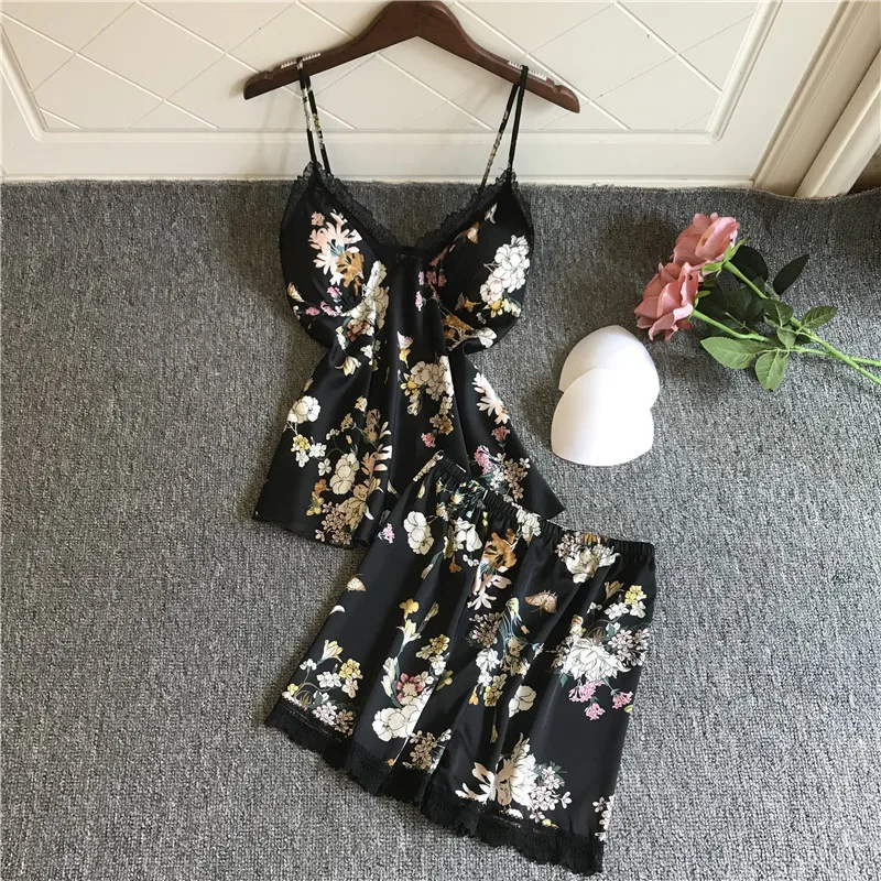 Women's Sleepwear 2 Pcs Sets Tops+Shorts Floral Printed Sexy Lace Satin Sleeveless V-neck Pyjama Sets With Pads