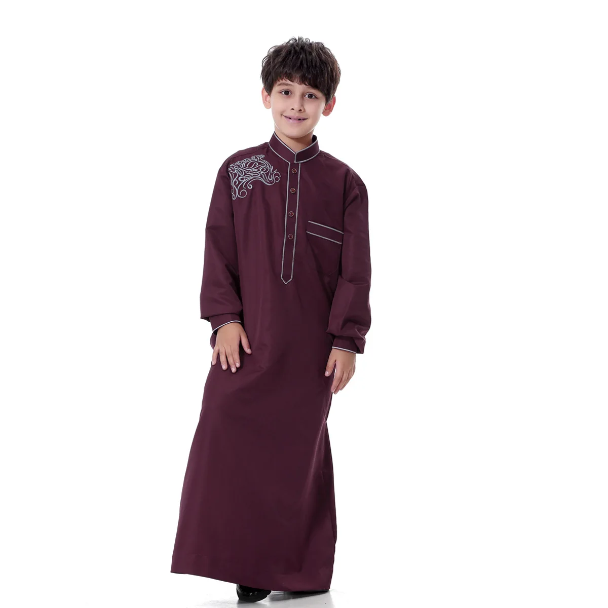 Middle East Muslim Teenager Robe Boys Jubba Thobe Islamic Child Long Sleeve Stand Collar Kaftans Jalabiya Arab Ramadan Costumes