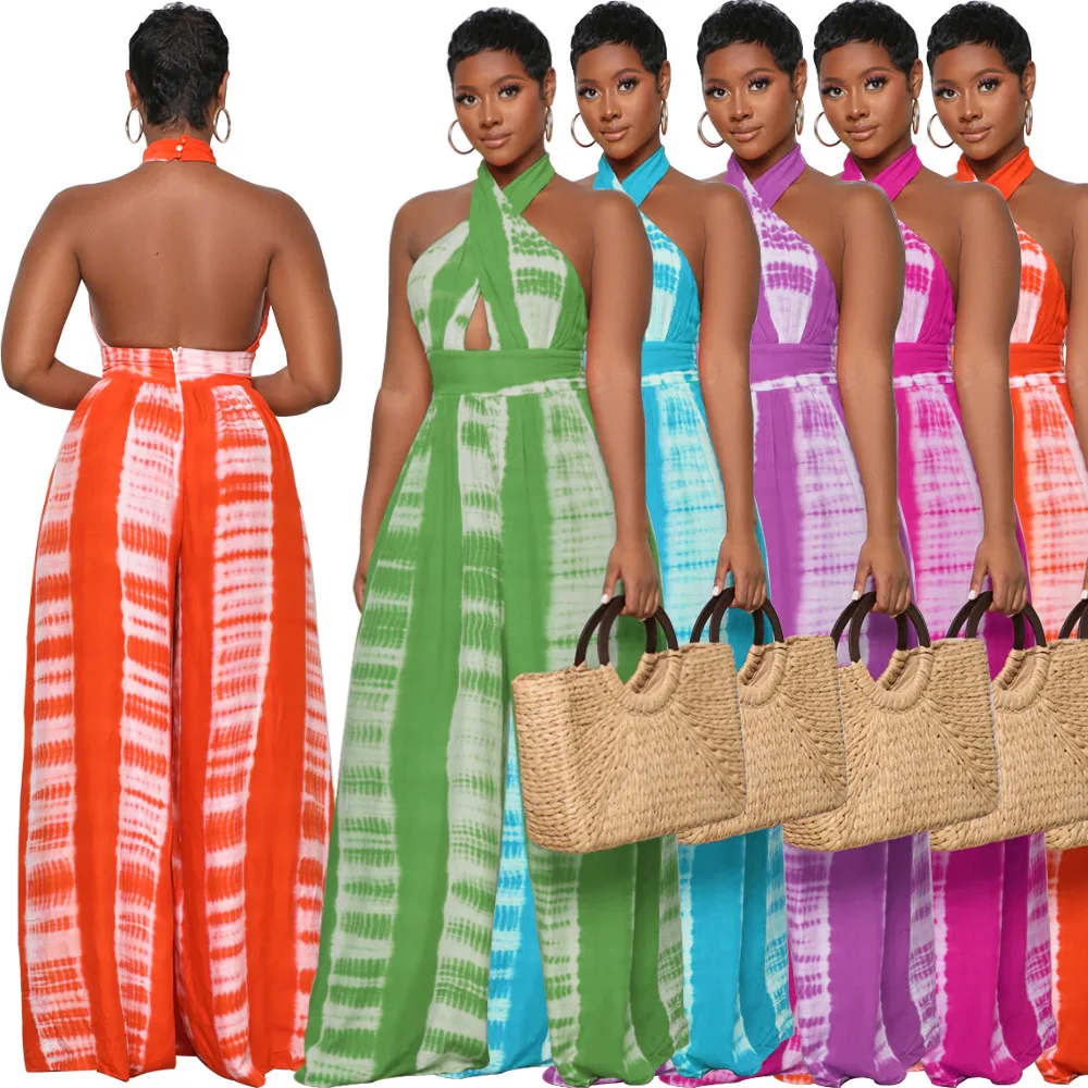 

European and American women's high waist zipper casual slim fit sleeveless suspender print jumpsuit women