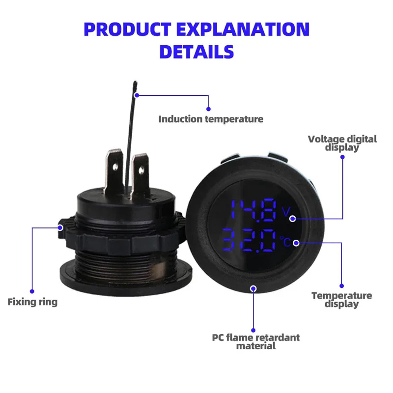Автомобильный вольтметр измеритель температуры и напряжения 12-24 В с цифровым