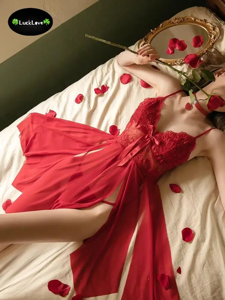 

Сетчатая ночная рубашка с красными лепестками и разрезом, красивые ночные рубашки для девушек, нижнее белье, нижнее белье для кровати, отеля...