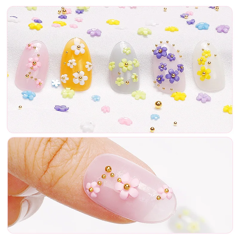 

Five Petal Flower Nail Art Jewelry Mixed Resin Flower Manicure Accessories Set with Bead Japanese Hyuna Style 3D Small Flowers