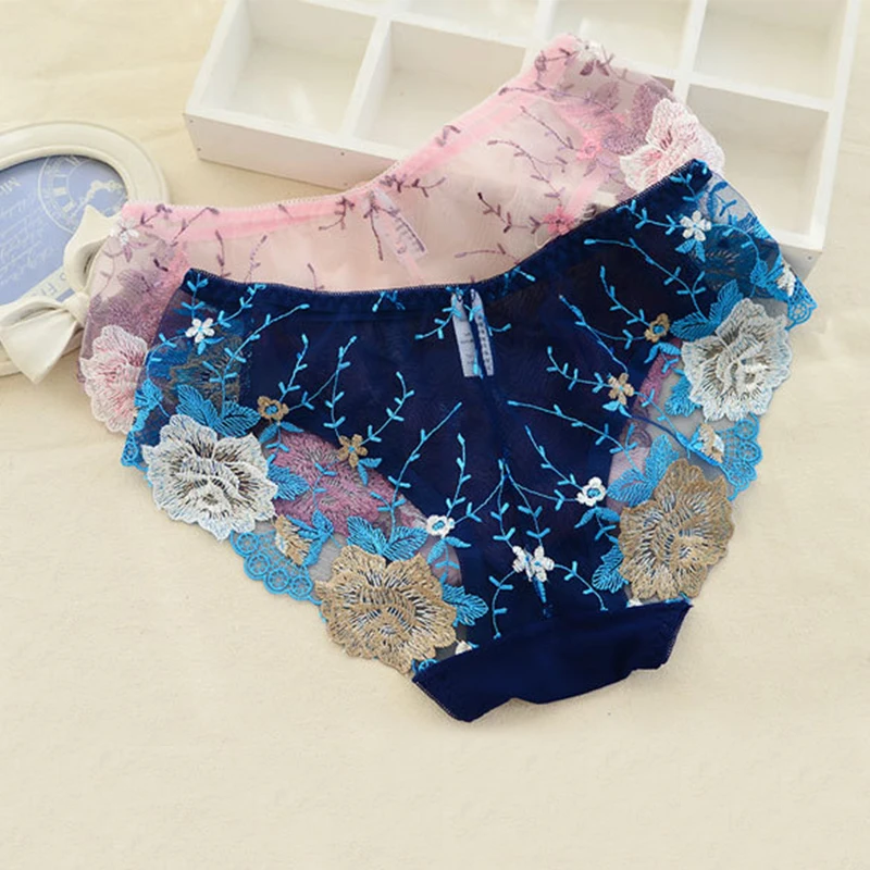 

Women's Briefs Underwear Women Fancy Charming Flower Pattern Panties Lace Embroidered Transparent Sexy Panties Female Underpants