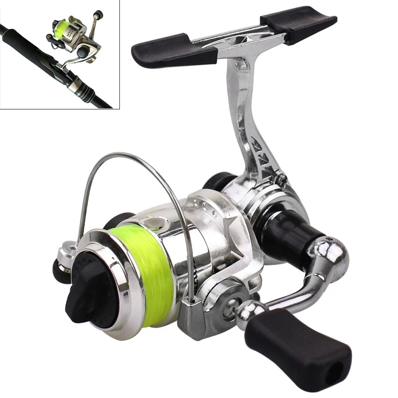 Mini 100 Metal Fishing Reel Size Spinning Reel with Fishing Line for Ice Fish Lure Shallow Fishing Rod
