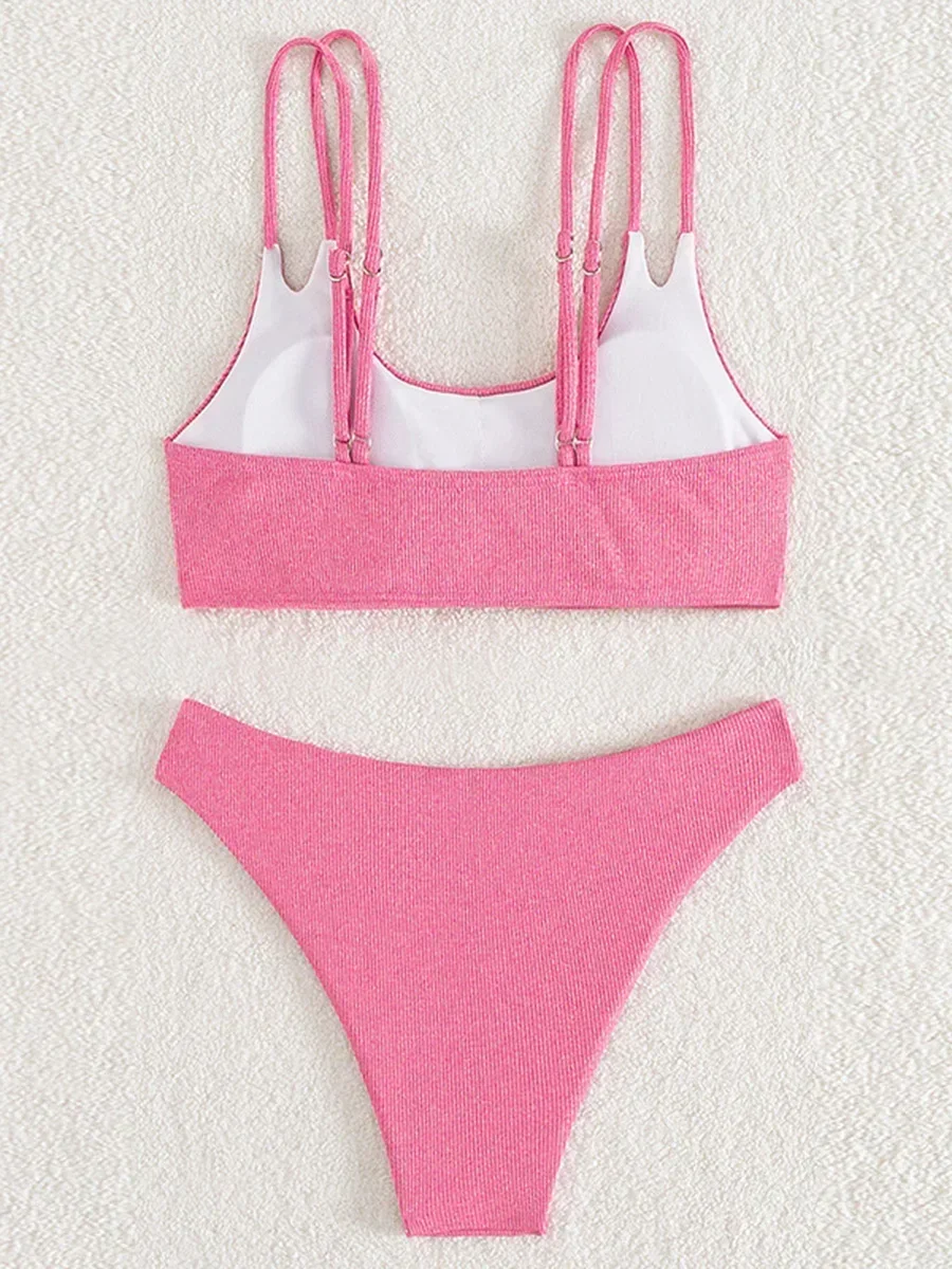 Ребристые бикини с высоким вырезом 2025 женский купальник комплект из двух частей