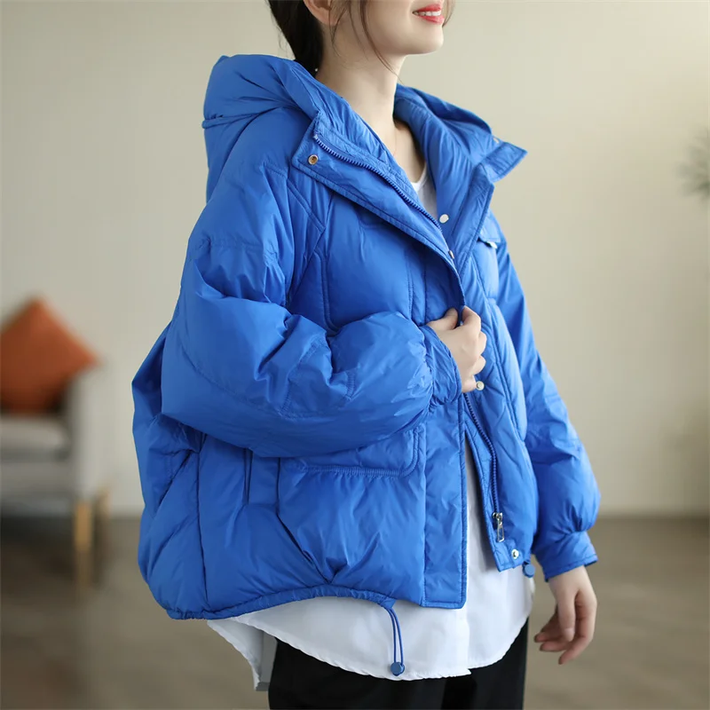 

New Solid Color Women Down Jackets White Duck Down Coat Large Lapel Hood Casual Drawstring Warm Bread Clothes Winter Blue M5T027