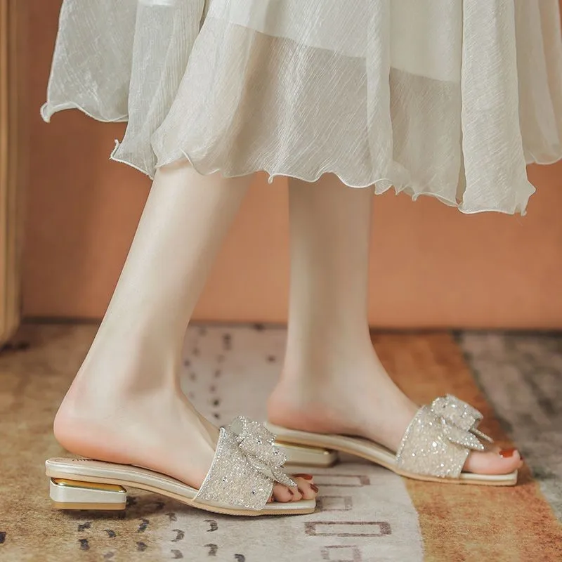 Summer Women Slippers 2023 New Fashion Crystal Butterfly-knot Women Sandals Mid Heel Sandals Outwear Beach Ladies Slippers