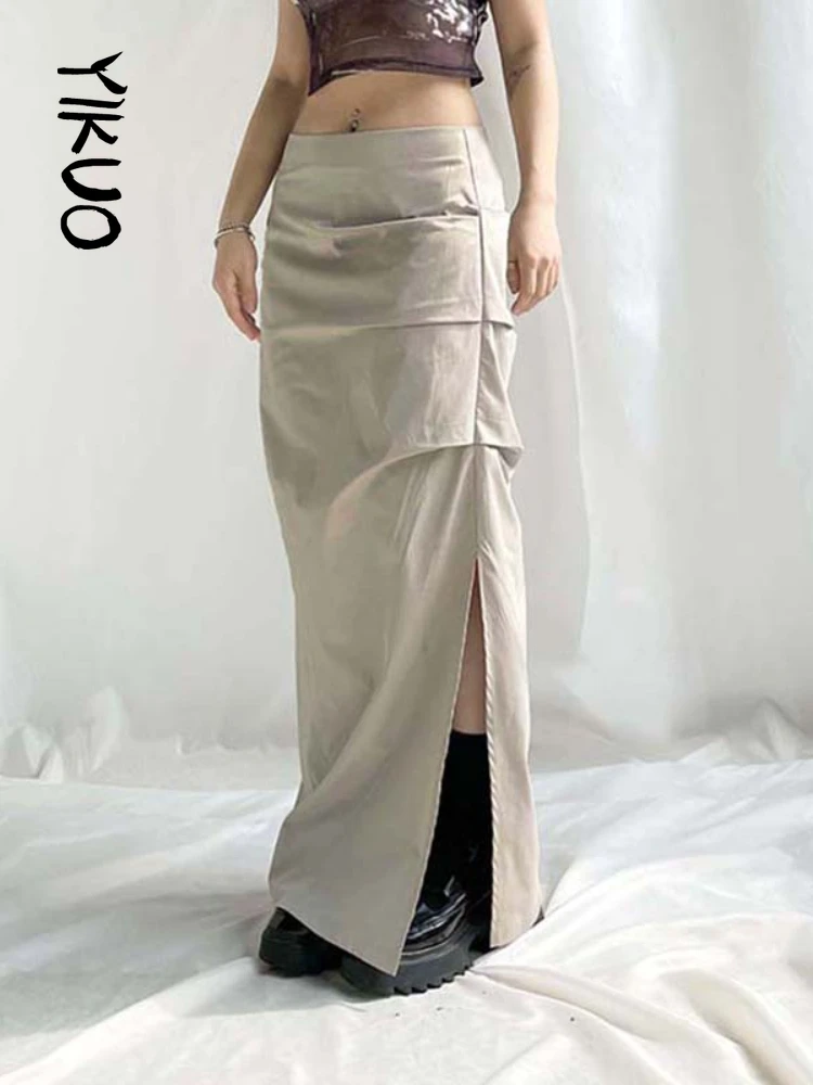 

YIKUO Ruched Low Waist Y2K Long Skirt For Women Split Solid Fairycore Grunge Ankle-Length Cargo Skirts Preppy Holiday Outfits