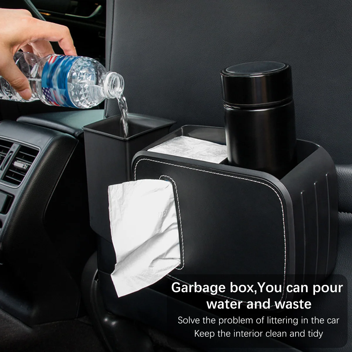 

3 In 1 Car Trash Can Garbage Bin Seatback Tissue Box Cup Holder Detachable Waterproof Auto Interior Storage Box Car Accessories