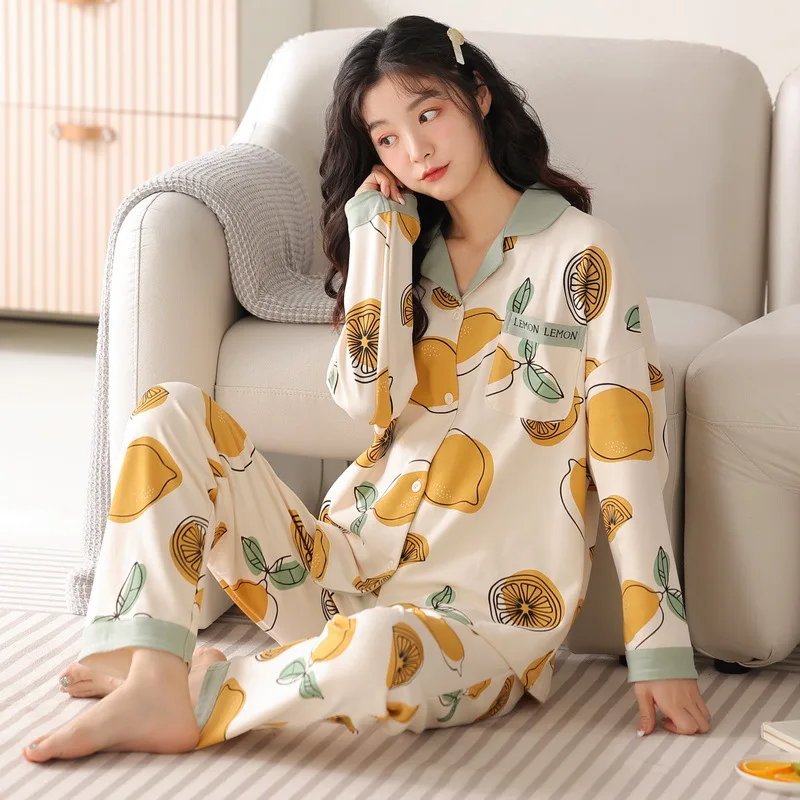 Yasuk Spring Autumn Fashion Women Casual Soft Print Sleepwear Homewear Pajamas With Pants Sweet Fruits Lemon Girl Simple Cotton