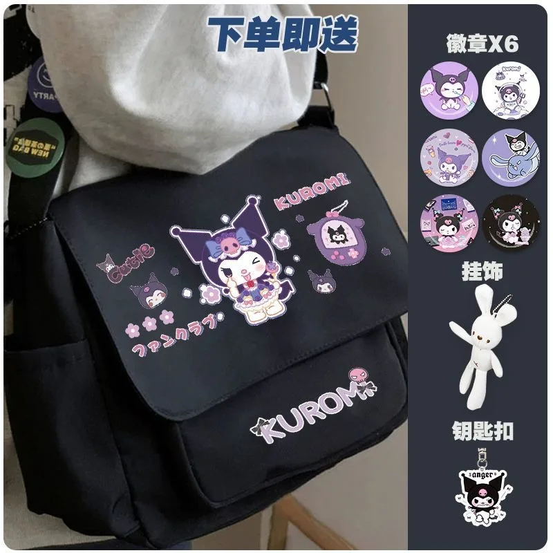 

Рюкзак на одно плечо Sanrio Kuromi для девочек, милый школьный портфель с мультипликационным рисунком для подростков и студентов, дорожная сумка-мессенджер большой вместимости