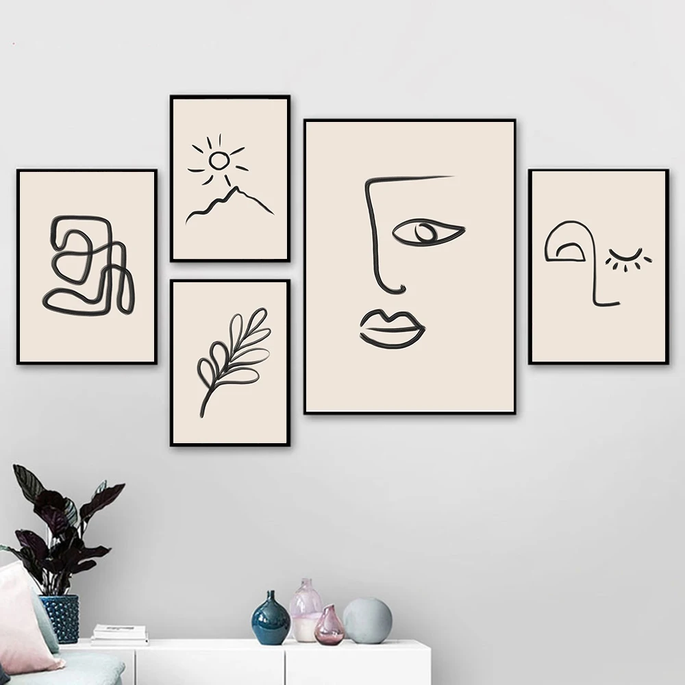 

Абстрактная однолинейная картина, плакат с изображением лица, растений, холст, Минималистичная Художественная печать, бежевая Настенная картина для современного декора гостиной