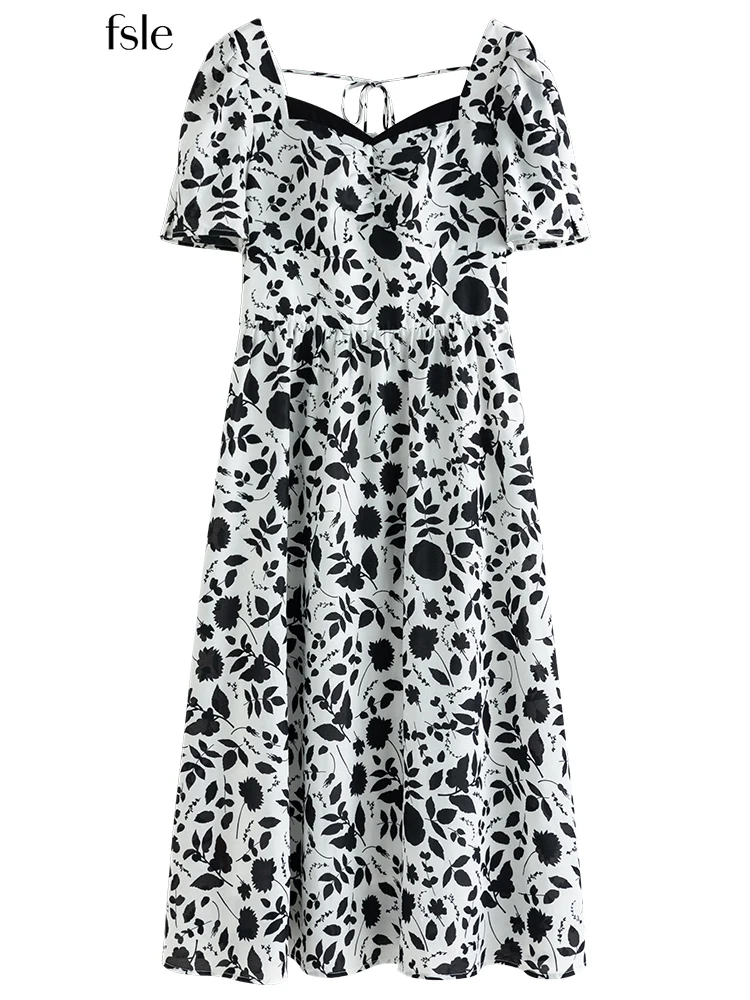 

FSLE Печать силуэта растения Женское платье French Vintage Style V-образный вырез Короткий рукав Summer 2022 Female Dress