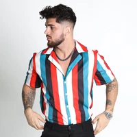 2022 hot sale new fitness sports leisure social high end high quality mens short sleeved lapel striped printed shirt