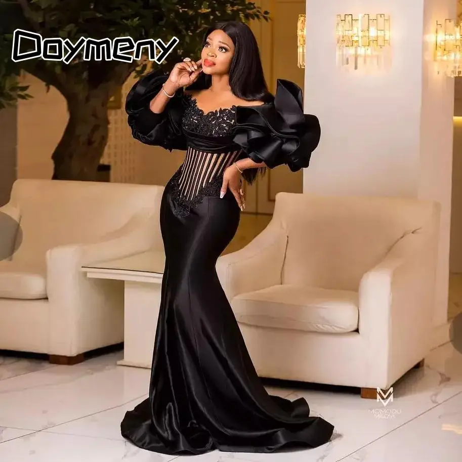 

Doymeny Black Evening Dresses Mermaid African Exposed Boning Women Night Party Gwons Ruffle Sleeves Lacing Up Back Plus Size Rob