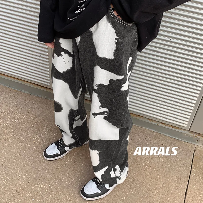 Blue Black Tie-dye Jeans Men Fashion Cotton Casual Baggy Jeans Men Streetwear Loose Hip-hop Wide-leg Jeans Mens Denim Pants