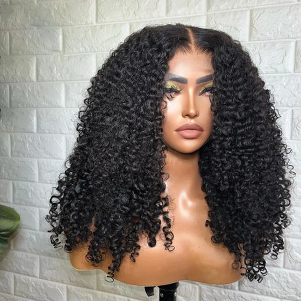 

Preplucked Natural Black Soft 26Inch 180 Density Long Deep Glueless Kinky Curly Lace Front Wig For Women With BabyHair Daily