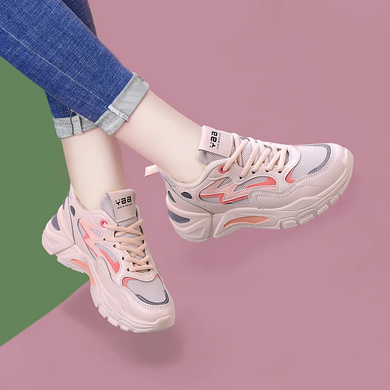 Autuspin 6cm Chunky Pink Shoes Casual Fashion Women Summer Spring Quality Leather Sports Sneakers Office Ladies Walking 34-40