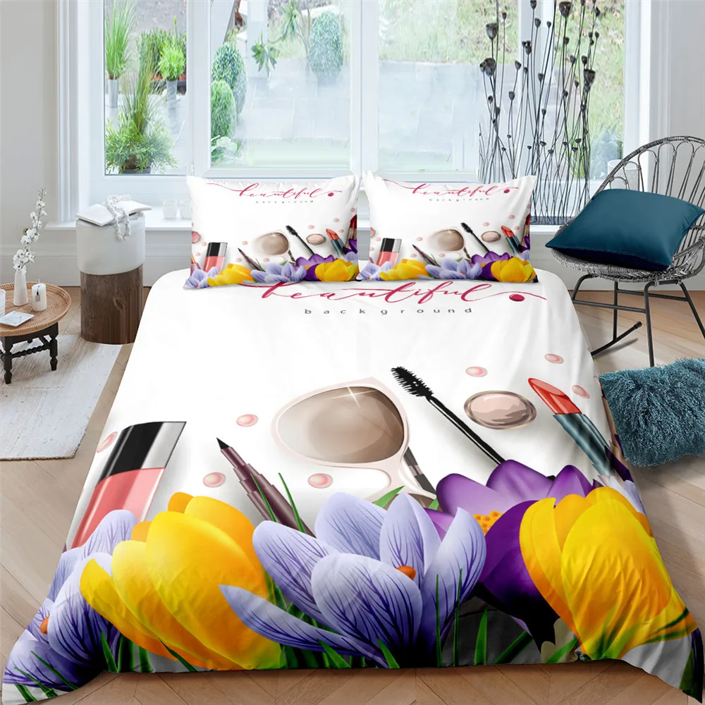 

Makeup Lipstick Duvet Cover King Queen Double Size Shiny Women's Cosmetics Bedding Set Girl's Soft Polyester Quilt Cover Fashion
