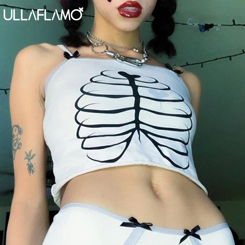 

Stitching Design Sling Camis Women Vest Skull Print Dark Crop Top White Base Slim Tank Open Back Sexy Camisoles Femme Chic
