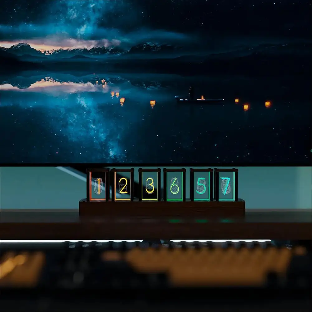 RGB Красочные Nixie Tube Clock Светодиодные настольные часы Современные светящиеся
