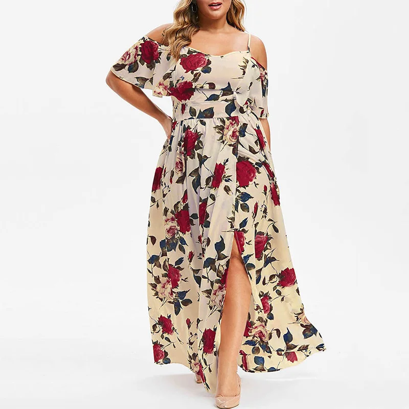 Bohemian Off Shoulder Floral Print Short Sleeve Summer Casual Plus Size Clothes High Waisted Women Slit Slip Ankle-Length Dress