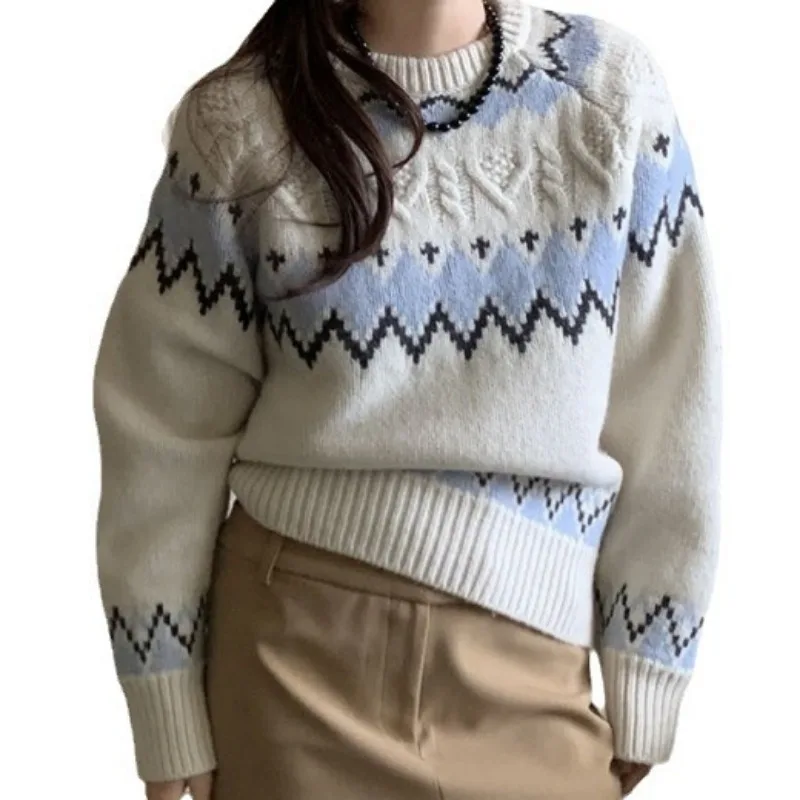 Женский жаккардовый свитер в стиле Харадзюку яркий мягкий контрастный с круглым