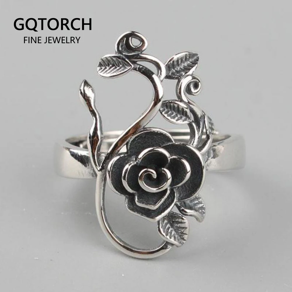 

Vintage Real Pure 925 Sterling Silver Branches Rose Flowers Rings For Women Thai Silver Adjustable Elegant Jewelry Ring
