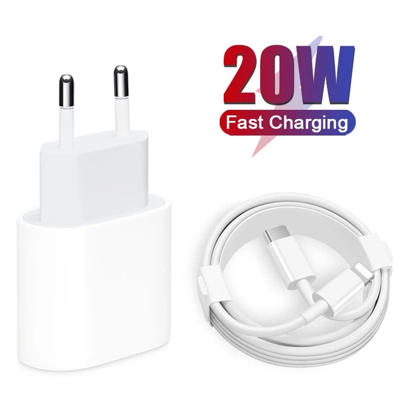 

20W PD Quick Charger Cable for iPhone 13 12 11 Pro XS Max 8 Plus X XR Fast Charging EU Wall Charger USB-C to Lighting Data Cable