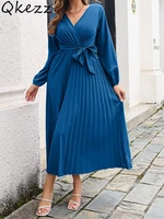 qkezz pleated dress long sleeve elegant maxi dresses fall spring tie front chic wrap v neck office laides flowy robe 2022