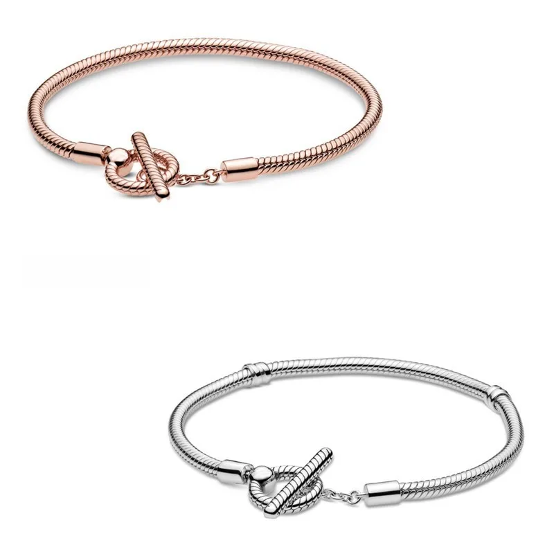 

Original Moments Rose Gold T-bar Snake Chain Bracelet Bangle Fit Women 925 Sterling Silver Bead Charm Pandora Jewelry