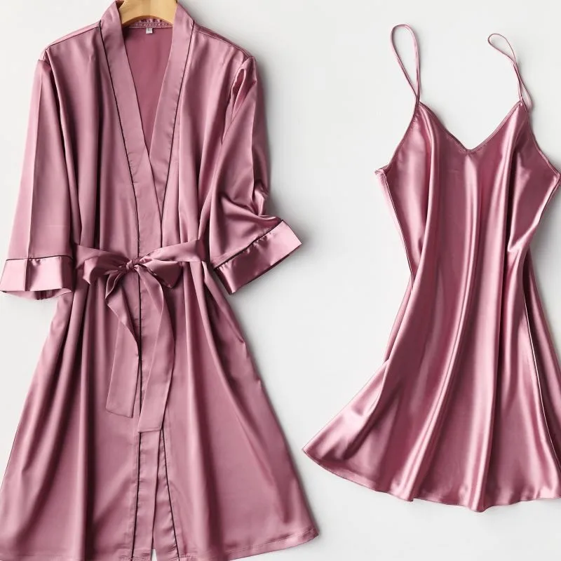 Nightdress Summer Thin Pajamas Women's Sexy Suspender Nightgown Two Piece Set Home Clothes V-neck Ice Silk Pajamas  Women's Robe