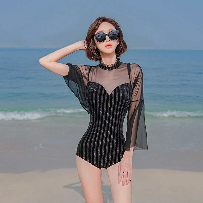 

Swimsuit One Piece Women Swim Wear Bathing Suit Female 2022 New Sexy Lace Long Sleeve Solid Polyester Big Size Swimwear Swiming